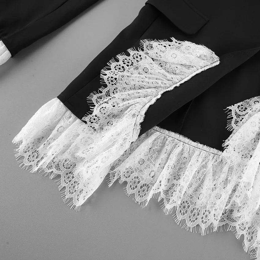 Elegant Lace Blazer Coat Women Fashion Office Lady Full Sleeve Single Breasted Jackets 2025 New Autumn Black Casual Slim Coats