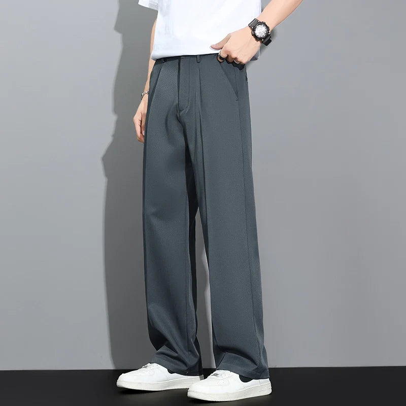 Men's 2026 Summer Korean Style Loose Straight Leg Draping Lightweight Casual Pants Slacks Khaki Dark Gray Black Trousers Male