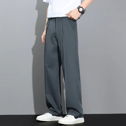 Men's 2026 Summer Korean Style Loose Straight Leg Draping Lightweight Casual Pants Slacks Khaki Dark Gray Black Trousers Male