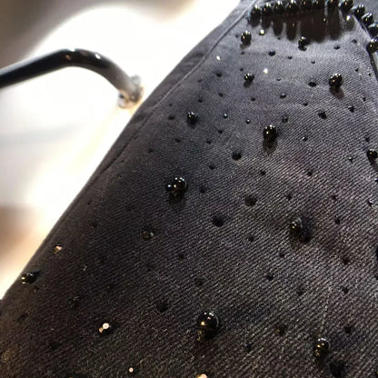 European 2025 Hollow Lace Jeans Women Summer New Black Lace Denim Pants Heavy Industry Beads Hot Diamond Denim Splicing Crochet