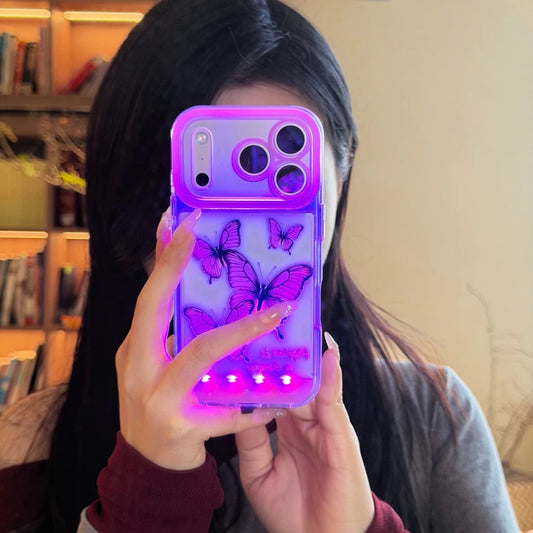 5 Color Change Luminous Call Light Up Flash Romantic Purple Butterfly Phone Cover Case for iPhone 17 16 15 14 13 Pro Max Plus