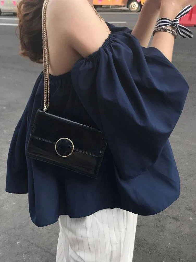 Holiday Beach Youth Off Shoulder Blouses Tops Korean Fashion Puff Sleeve Shirt Summer Elegant Tees Dongdaemun Backless 2024 New