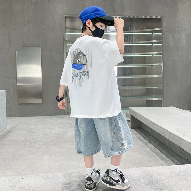 2025 New Summer Clothing Set for Kids Boy Luxury Summer Suit Children Cotton T-shirt And Denim Shorts 2 Pieces Tracksuit Outfit