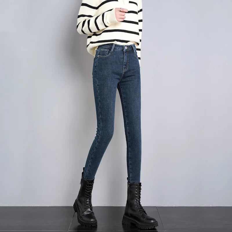 2023 Fashion Women Stretch High Waist Pencil Pants Casual Female Velvet Jeans High Quality Fleece Mom Jeans Thick Plush Pants
