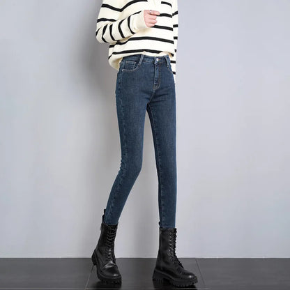 2023 Fashion Women Stretch High Waist Pencil Pants Casual Female Velvet Jeans High Quality Fleece Mom Jeans Thick Plush Pants