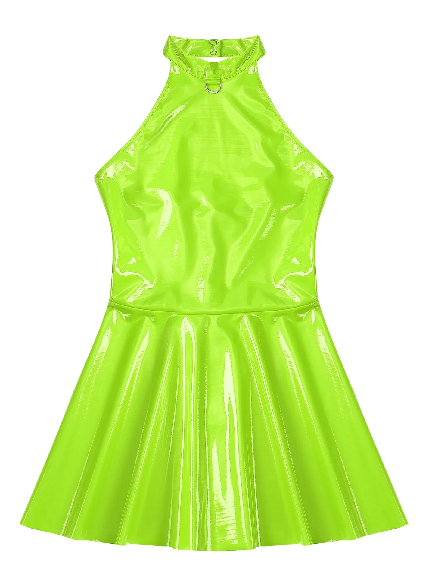 Womens Glossy Patent Leather Glossy Mini Skater Dress Halter Backless Bodycon Lingerie A-Line Dresses Rave Disco Party Clubwear