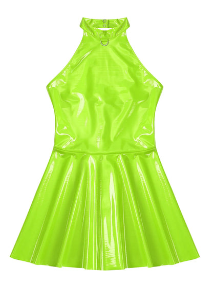 Womens Glossy Patent Leather Glossy Mini Skater Dress Halter Backless Bodycon Lingerie A-Line Dresses Rave Disco Party Clubwear