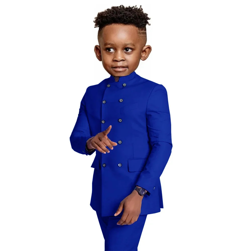 Stylish Elegant Boys Stand-up Collar Suits 2 Pieces Jacket Pants Formal Party Wear Double Breasted Kids Suit Set 2-20T