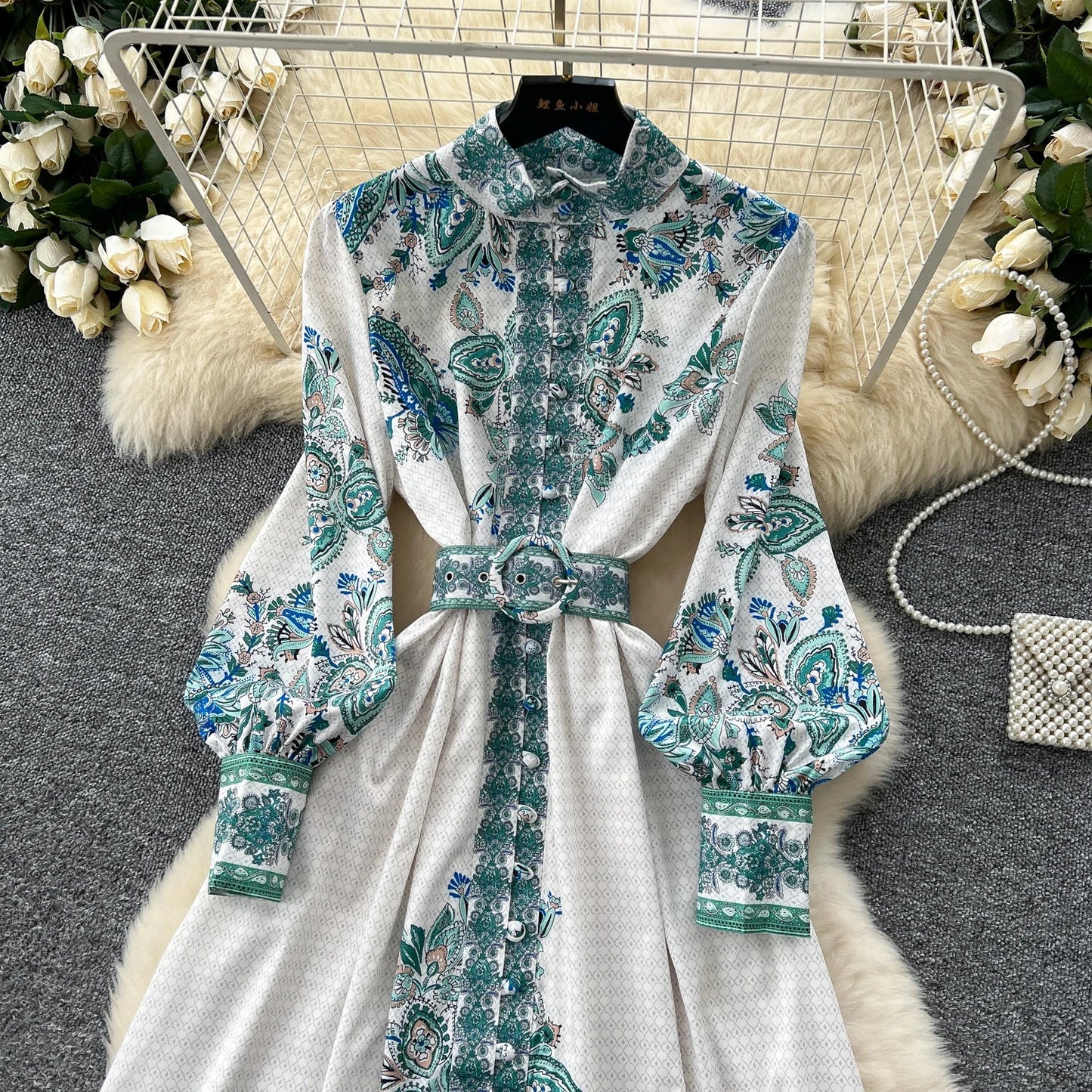 Retro Faion Print Stand Collar Single Button Women's Dr Waist Cinched Floor Length Skirt Korean Sle High Waist Long Sl...