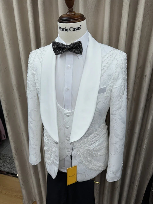 Jacquard White Elegant Beaded Men's Suits 3 Pieces Dancing Wear Plus Size Shawl Lapel Suit Set For Men Autumn Long Sleeve Tuxedo