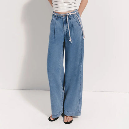 Women Jeans Soft Cool Belted Loose Wide Leg Denim Pants 2026 Summer Casual Daily