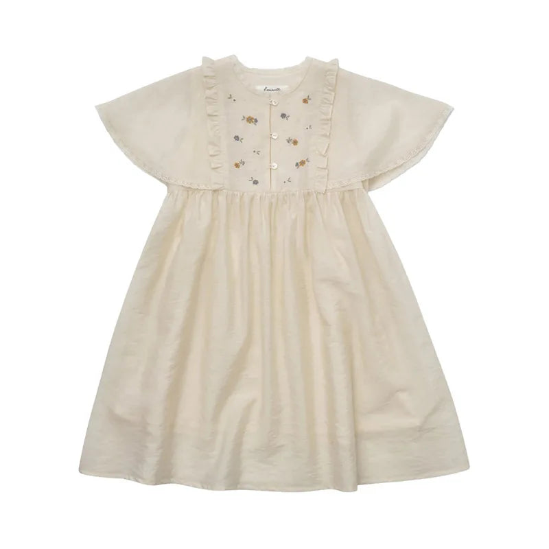 Summer LOU Girls' Printed Cotton Dress Short-Sleeved Handmade Embroidered Wide-Necked Children's Holiday Dress