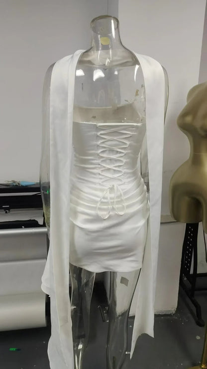 Elegant Women's Satin Mini Dress with Corset Back Lace Up Dress Ruched Bustier and Scarf for Party Wedding Gown