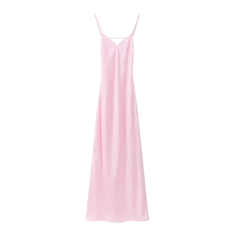 Yellow Satin Sling Dress Women Elegant V Neck Sleeveless Backless High Waist Maxi Dresses 2025 Summer Lady Party Evening Robes