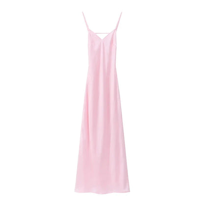 Yellow Satin Sling Dress Women Elegant V Neck Sleeveless Backless High Waist Maxi Dresses 2025 Summer Lady Party Evening Robes