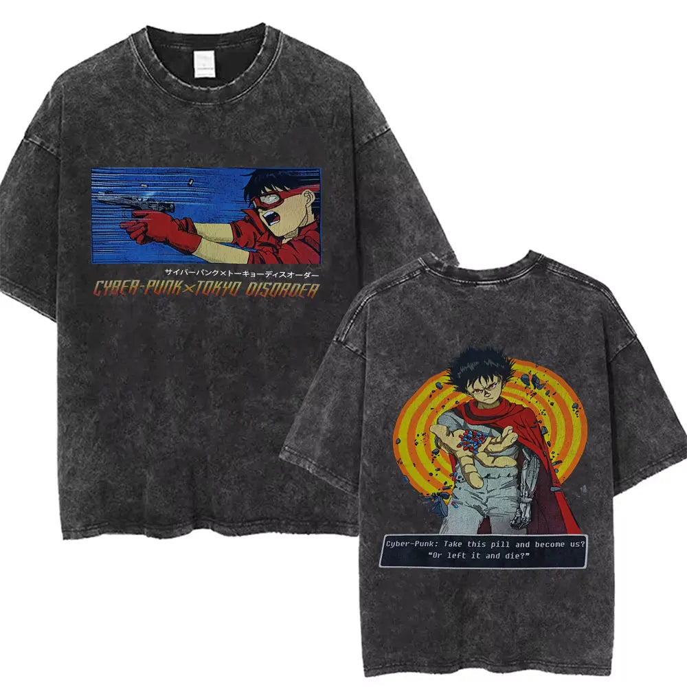 Washed Vintage Anime Akira T Shirts Japanese Science Fiction Cartoon Movie Shotaro Kaneda T-shirt Men's Manga Oversized T-shirts