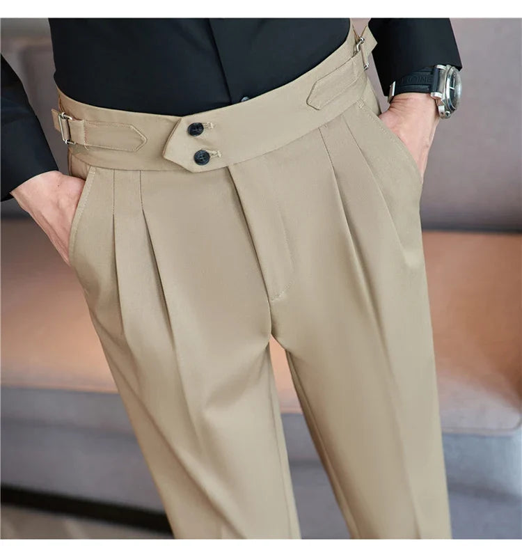 British Style Autumn New High Waist Trousers Men Belt Design Slim Fit Suit Pants Office Social Wedding Party Formal Pants Hommes