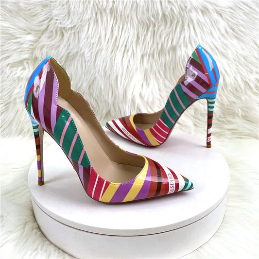 Colorful Striped High heels Fashion Cutting Pointed Shallow Party Shoes For Woman 8CM 10CM 12CM Women Pumps Large Size 44 45 46