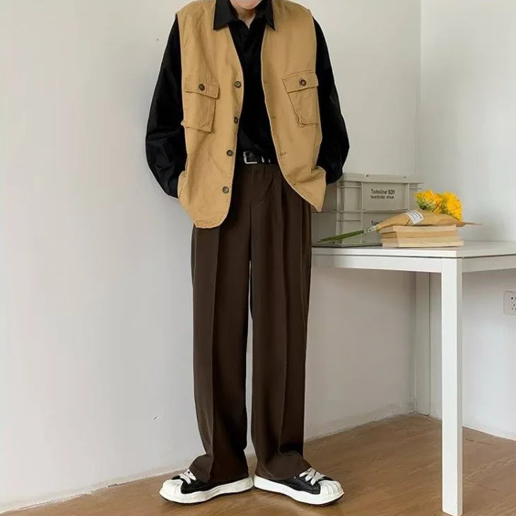 Brown Black Suit Pants Men Fashion Social Mens Dress Pants Korean Loose Straight Wide Leg Pants Mens Office Formal Trousers