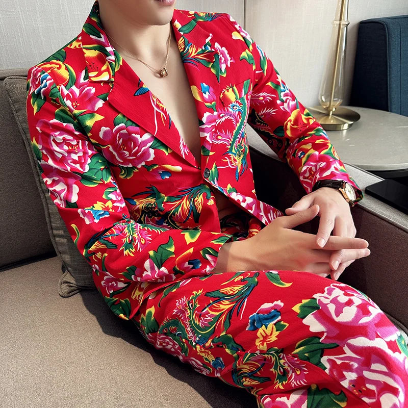 2026 Thin Men's Black Printed Suit Jacket, Asian Size V-Neck Single Button Blazer, Red Nostalgic Style Long Sleeve Cotton Coat.