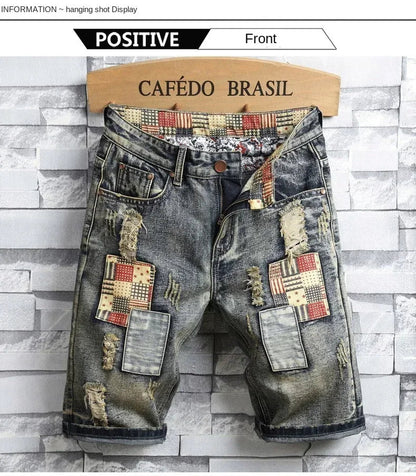 Ripped Short Jeans Men Vintage Denim Shorts Straight Hole Patch Plaid Hip Hop Fashion Knee Length Pants Streetwear