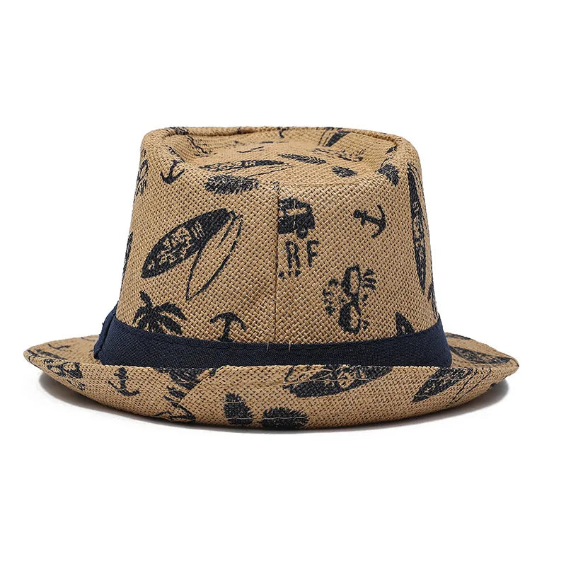 2026 Men's Breathable Straw Fedora Hat with Tropical Print UV Protection Beach Vacation Casual Jazz Cap for Summer