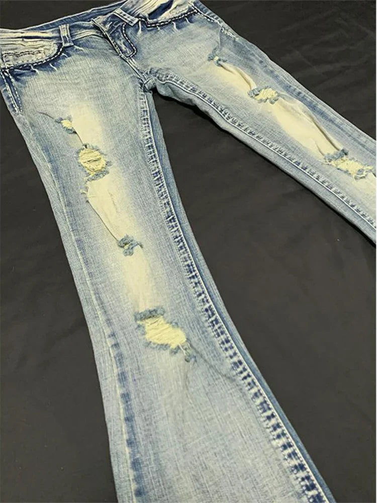 Women Grunge Low Waisted Flare Ripped Denim Pants Japanese Abi Y2k Harajuku Bell-Bottom Jeans Gyaru Baddie Style Skinny Retro