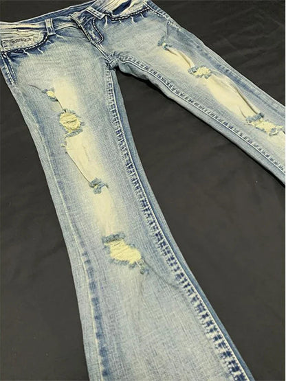 Women Grunge Low Waisted Flare Ripped Denim Pants Japanese Abi Y2k Harajuku Bell-Bottom Jeans Gyaru Baddie Style Skinny Retro
