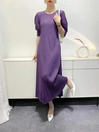 Miyake Pleated Dress 2024 Summer New Round Neck Loose and Comfortable A-line Short Sleeve Maix Dress