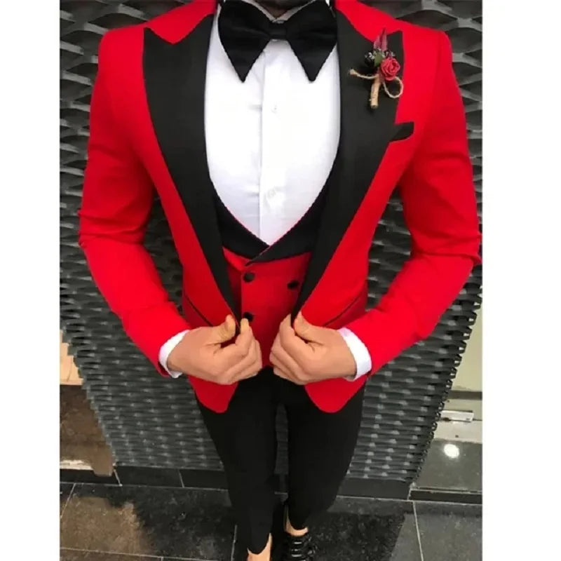Costume Homme Grey Wedding Men Suits Black Peak Lapel Groom Prom Party Terno Masculino Slim Fit Blazer 3 Pcs Jacket+Pant+Vest