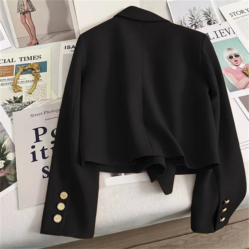 High-Quality Double Breasted Crop Blazer Women Korean Solid Long Sleeve Suit Coat Office Ladies Elegant Short Jacket Female Coat