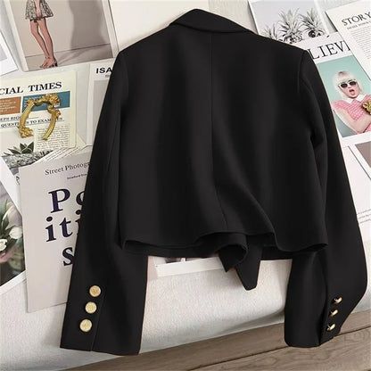 High-Quality Double Breasted Crop Blazer Women Korean Solid Long Sleeve Suit Coat Office Ladies Elegant Short Jacket Female Coat