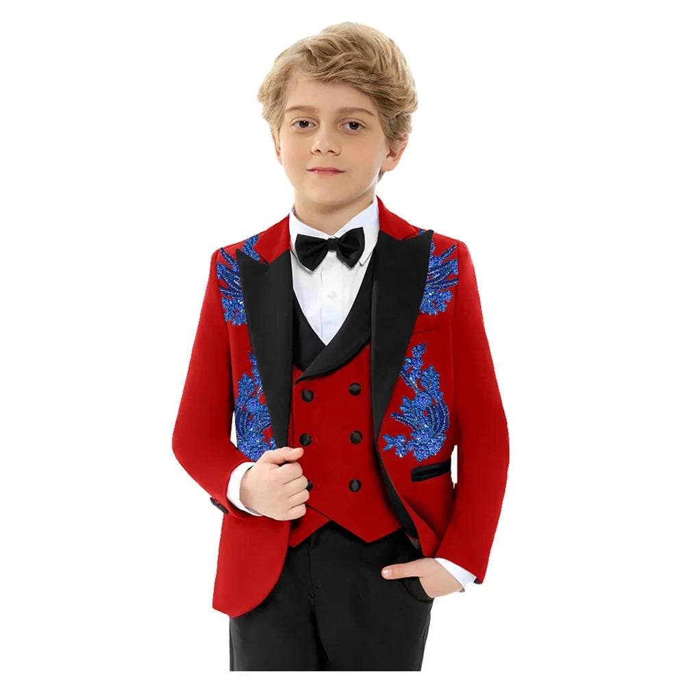 Christmas Boys Slim Fit Suis 4 Pieces Jacket Vest Pants Bow-tie Exquisite Red Beaded Suit Set Birthday Party Outfit 3-14T