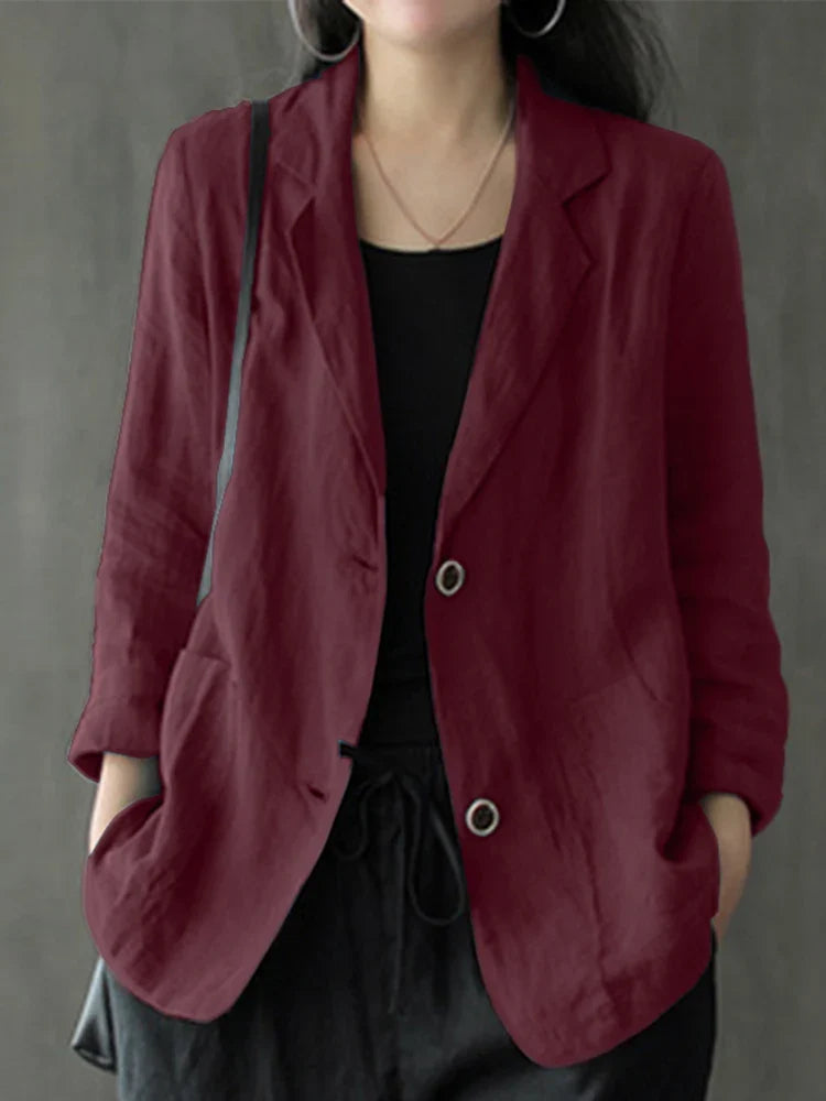 Women Lapel Neck Long Sleeve Blazer Autumn Vintage Casual Solid Cotton Blazer Elegant Cardigan Thin Coats Work Suits