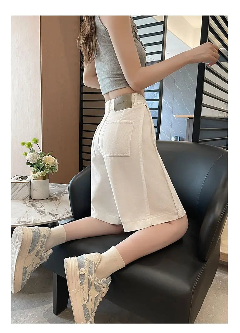 Women's 2026 Summer White Five-Point Denim Shorts Korean Y2K High Waist Loose Slimming Stretch Straight Leg Jeans