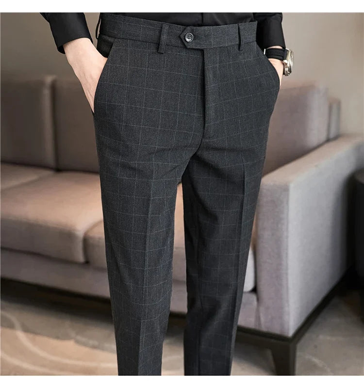 2026 High Quality Men's Plaid Striped Suit Pants Fashion Business Slim Fit Casual Straight Pants Formal Wedding Party Trousers
