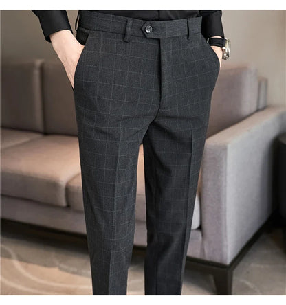 2026 High Quality Men's Plaid Striped Suit Pants Fashion Business Slim Fit Casual Straight Pants Formal Wedding Party Trousers