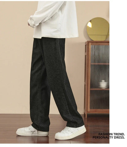 2023 New Korean Fashion Men's Casual Ankle-Length Jeans Classic Man Straight Denim Wide-leg Pants Light Blue Grey Black 3XL