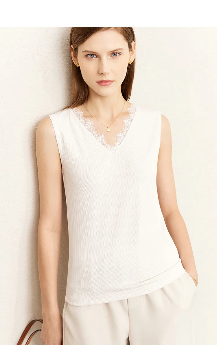 Women's Tank Top 2026 Summer New Lace Trim V-Neck Knit Sleeveless Vest Slim Fit Casual Layering Cami For Women 12612031