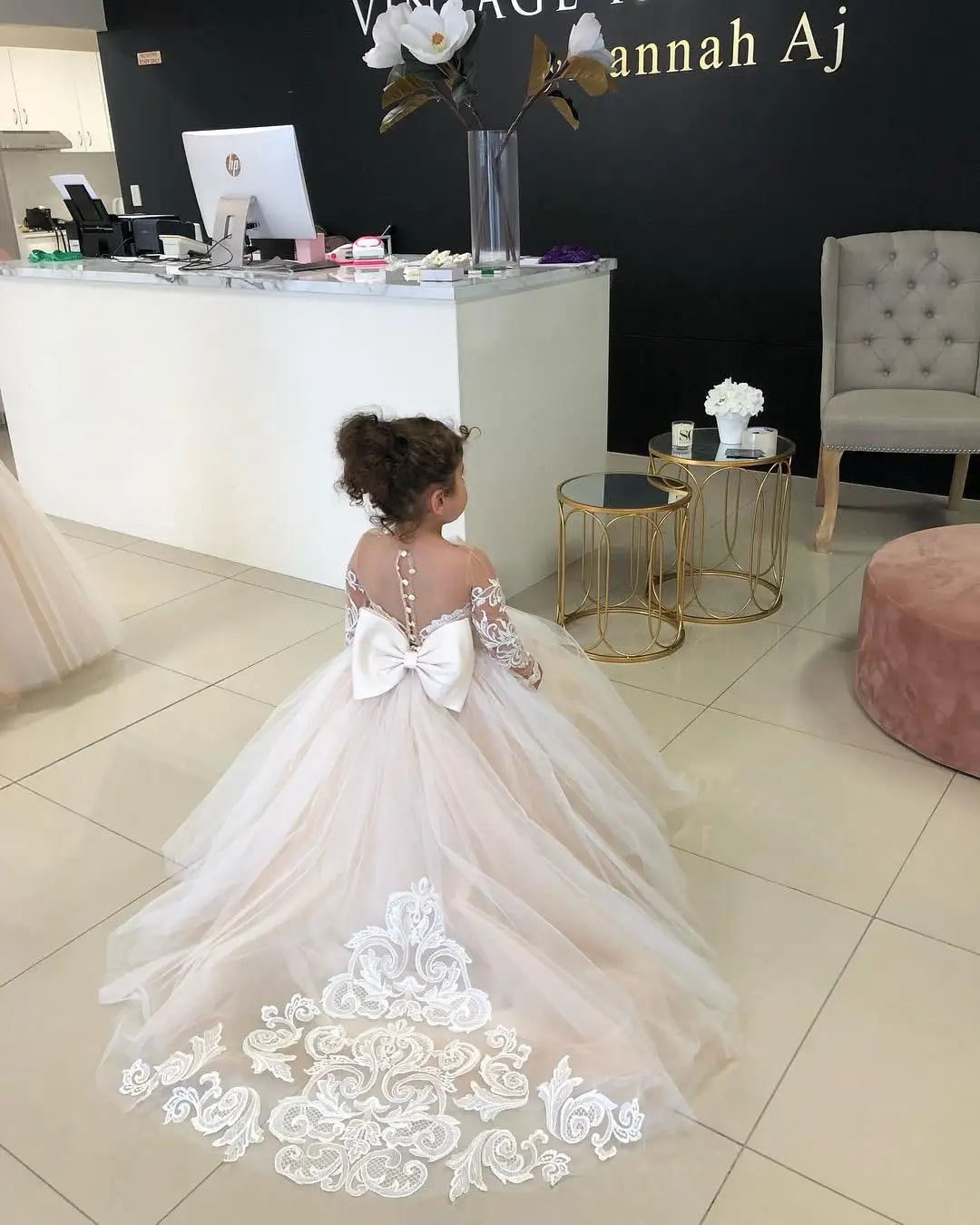 Flower Girl Dresses For Weddings Long Sleeve Lace Tulle Bow Back Children's Elegant Dress vestidos para niñas