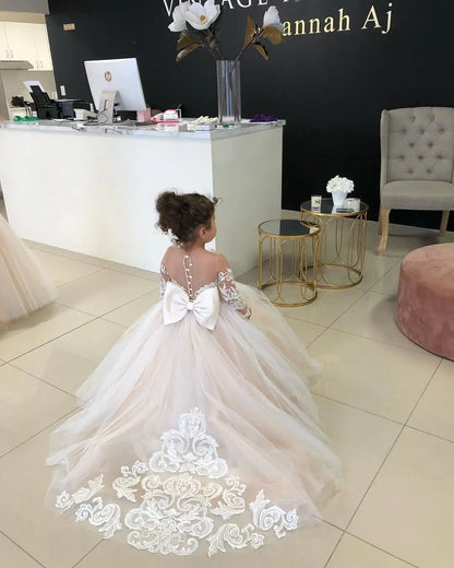 Flower Girl Dresses For Weddings Long Sleeve Lace Tulle Bow Back Children's Elegant Dress vestidos para niñas