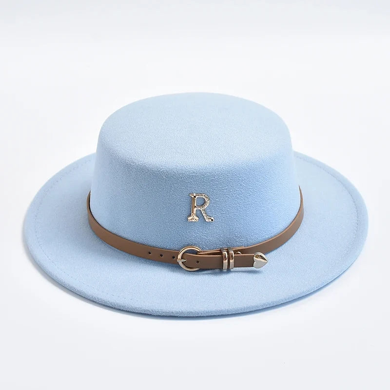 New Metal R Letter Fedora Hat for Women Fashionable Winter Flat Top Wedding Church Bowler Cap Females Elegant Holidays Hat