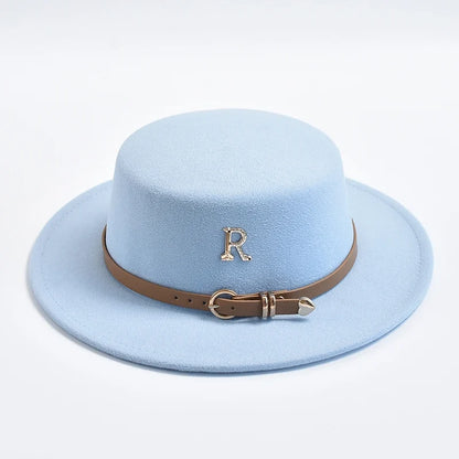 New Metal R Letter Fedora Hat for Women Fashionable Winter Flat Top Wedding Church Bowler Cap Females Elegant Holidays Hat