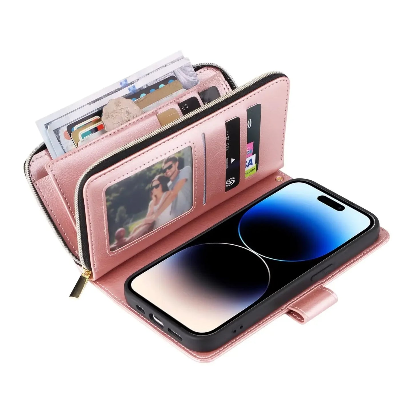 Double Layer Zipper Wallet Case with 9 Card Slots for iPhone 16 16E Pro Max 15 14 Plus13 12 Pro Max PU Leather Flip Cover