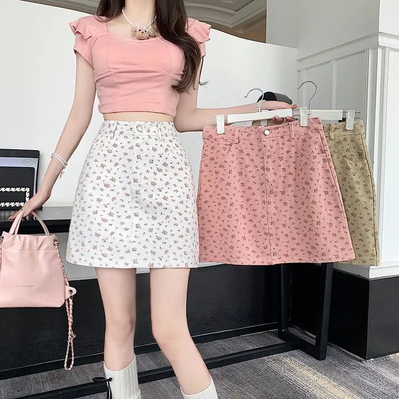 Floral Skirts Women Denim Mini A-line Sweet High Waist Korean Fashion Age-reducing Summer Lovely Girls Tender Temperament Ins