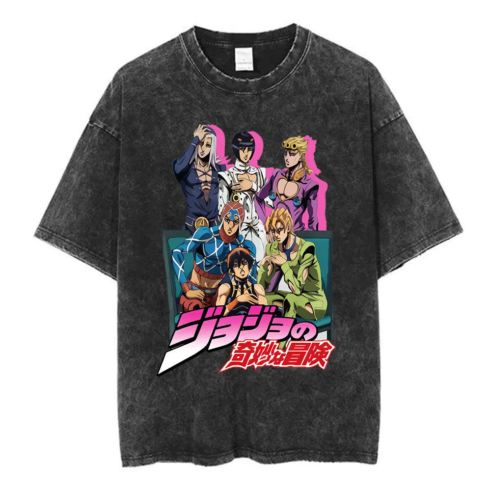 Anime Jojo Bizarre Adventure Washed T-shirt STEEL BALL RUN Diego Brando Manga T-shirts Men Women Cotton Casual Oversized T shirt