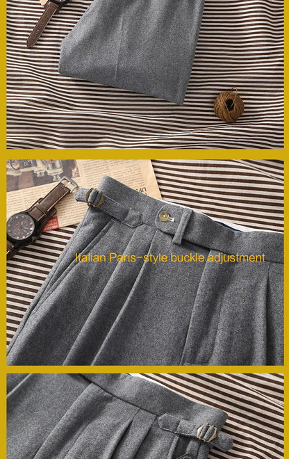 2026 Spring Light Flannel Loose Straight Casual Pants with Italian Parisian Button Adjustment - Customizable Men's Suits