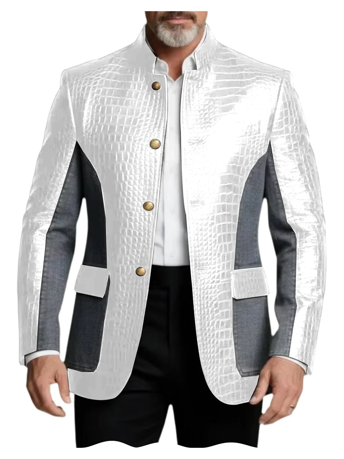 Men's Crocodile Embossed Leather Brown Jacket Patchwork Denim Stand Collar Slim Fit Luxury PU Blazer For Business Casual Party