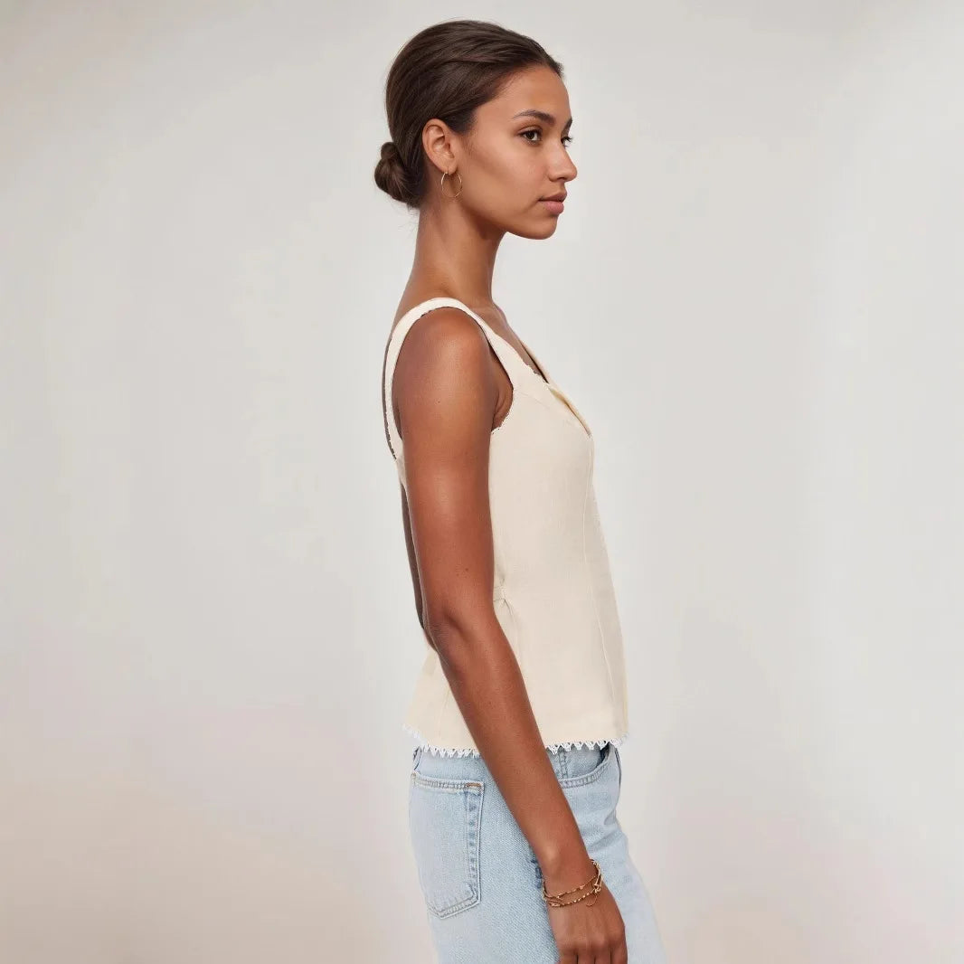 High Quality Hot Sale Wholesale Women's French Cotton Linen Lace Splicing Fashionable Buckle Suspender Solid Sleeveless Vest Top