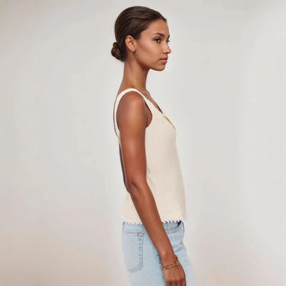 High Quality Hot Sale Wholesale Women's French Cotton Linen Lace Splicing Fashionable Buckle Suspender Solid Sleeveless Vest Top